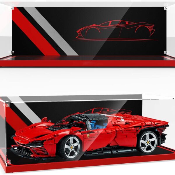 LEGO Display Case for Lego Cars 42143 (Ferrari Daytona SP3), Transparent Acrylic Display Case with Base and Backplate, Large Stackable Dustproof Storage Box, Assembly Required with Screws-V009501